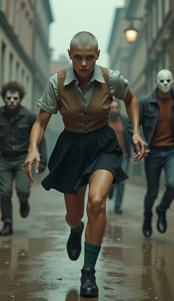 ((Highest quality)), ((masterpiece)), (horror movie posters:1.5), ((Jason)), (Shaved woman), (Motion Blur:1.1), ((逃げるJasonを後ろから追いかける筋肉質な坊主のグレーの女性のハト)), グレーのShaved womanのハトがオフホワイトで襟付きの半そでシャツに薄茶色のベストを着てひざ丈の黒いスカートに短い濃い緑の靴下と黒の靴を履いている, Photorealistic images,