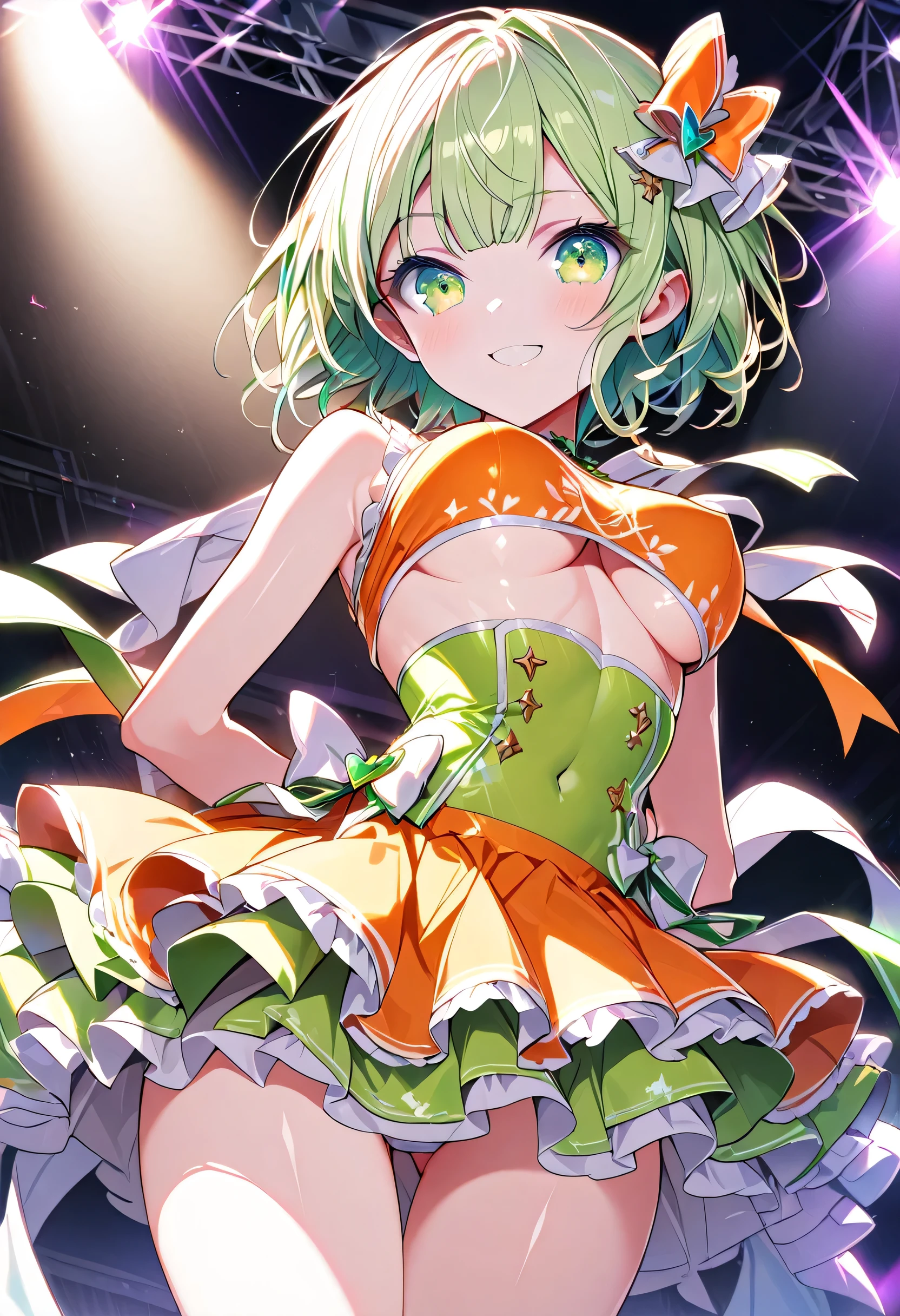 ((Best Quality)), ((masterpiece)), (detailed), Perfect Face, Idol, Shining Stage, Stage Set,null,Stage Lighting,Colorful lighting, A woman wearing an idol costume,, detailed face, Long eyelashes, Beautiful Eyes, Feminine curves,
1 person、whole body、Cheerful face、smile、Young Girl、Shiny green hair、Short Hair、hime cut、Beautiful green eyes、Eye highlights、High-end idol costume、Light orange top、Light orange mini skirt、Frilled Skirt、The theme color of the costume is orange.、White knee-high socks、Belly button、Medium sized breasts、Captivating breasts、underboob、Narrow waist、Thin legs、Cross your arms behind your back、Looking at the camera、Well good、smile、Looking at the camera、