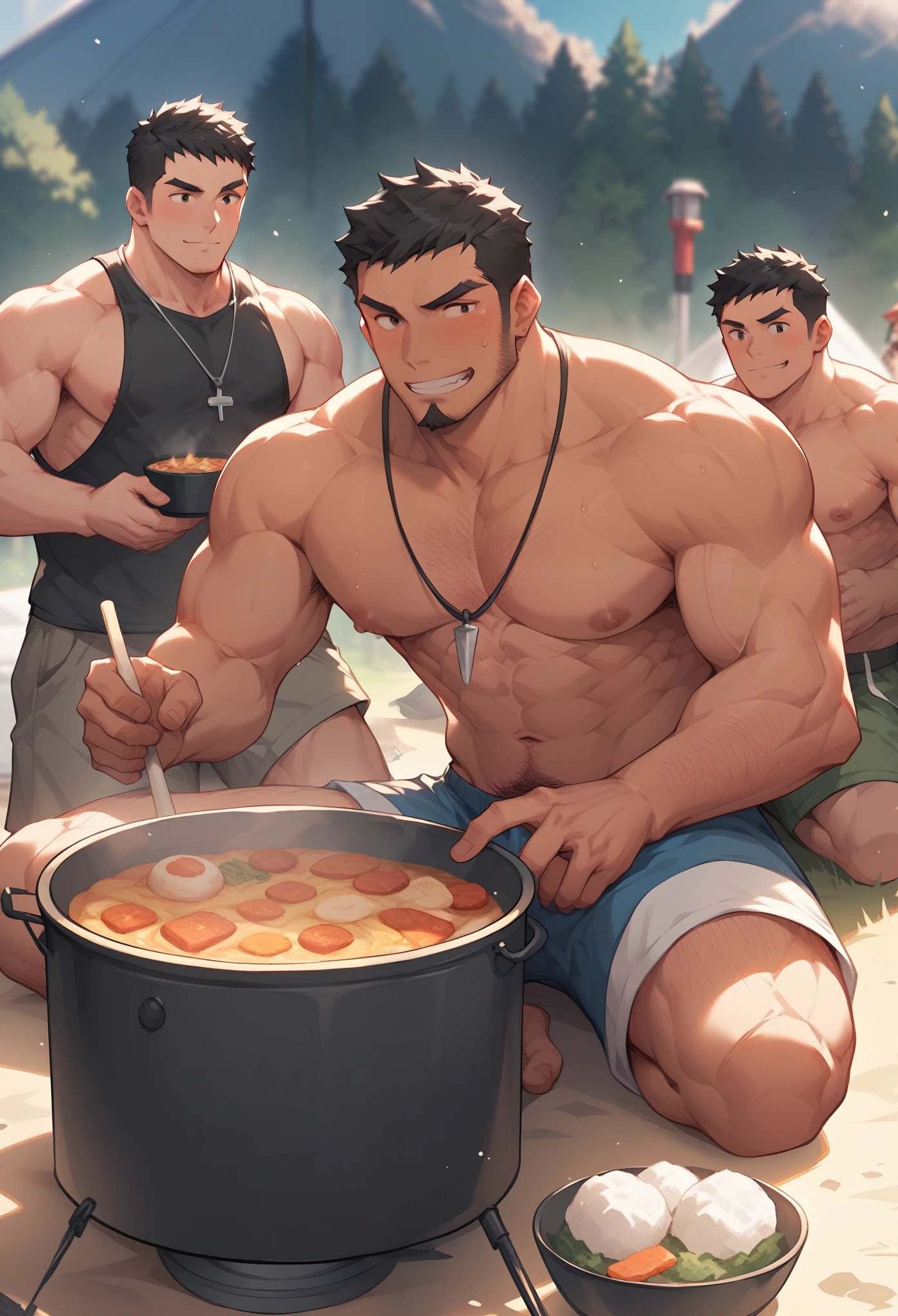 Japanese man, two men, camping, making curry, short hair, black hair, slightly hairy, muscular, shorts, curry pot