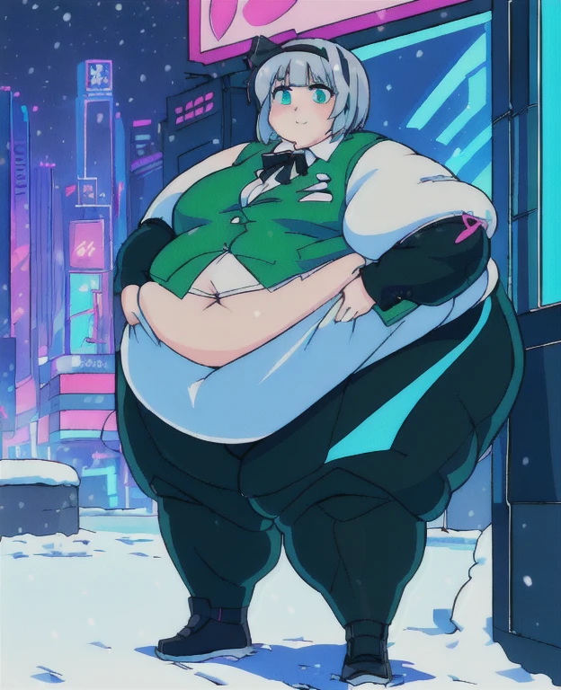 ((best quality, 4k, 8k, anime girl, masterpiece)), ((((beautiful extremely detailed face, beautiful eyes)))), glowing eyes, cinematic lighting, perfect anatomy, ((youmu konpaku)), (((chubby, SSBBW, very obese, extremely wide waist))), (((green vest, blazer, cyberpunk suit, totaly fitting clothes, oversized clothes))), (full body view), ((gray/silver hair, glowing hair, black headband)), (((very wide waist))), (((fully clothed, fully concealed belly))), ((city lights, cyberpunk, neon signs, snow)), ((thick outlines, anime style, vibrant colours)), slight smile, ((low camera angle)), (((giantness))),