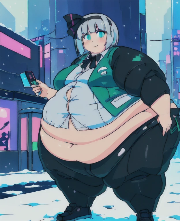 ((best quality, 4k, 8k, anime girl, masterpiece)), ((((beautiful extremely detailed face, beautiful eyes)))), glowing eyes, cinematic lighting, perfect anatomy, ((youmu konpaku)), (((chubby, SSBBW, very obese, extremely wide waist))), (((green vest, blazer, cyberpunk suit, totaly fitting clothes, oversized clothes))), (full body view), ((gray/silver hair, glowing hair, black headband)), (((very wide waist))), (((fully clothed, fully concealed belly))), ((city lights, cyberpunk, neon signs, snow)), ((thick outlines, anime style, vibrant colours)), slight smile, ((low camera angle)), (((giantness))),