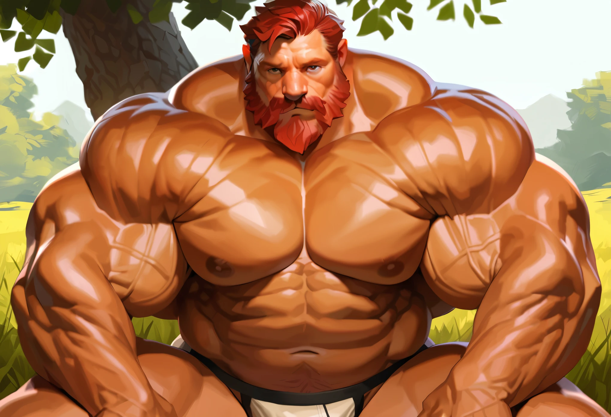 solo, 1boy, Muscular Old man, wide shoulder, pectoral, thick arms, huge pectoral, wide pectoral, sitting on meadow, huge tree background, short red hair, detailed eyes, jockstrap and shirtless, simple background, masterpiece, semirealistic:1.2, high detailed, 8k, high resolution