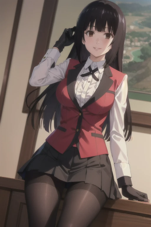 (((pixel-perfect, detail-perfect))), solo, 1girl, yumeko jabami, blazer, smile, leather red bodysuit,gloves, blazer ,white shirt,collared shirt,black ribbon,houndstooth,black pantyhose,thighband pantyhose,pleated skirt,black skirt,thumb ring, thigh heel boots, cape, cloak