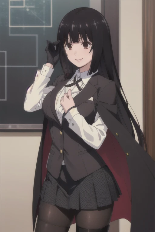 (((pixel-perfect, detail-perfect))), solo, 1girl, yumeko jabami, blazer, smile, leather red bodysuit,gloves, blazer ,white shirt,collared shirt,black ribbon,houndstooth,black pantyhose,thighband pantyhose,pleated skirt,black skirt,thumb ring, thigh heel boots, cape, cloak