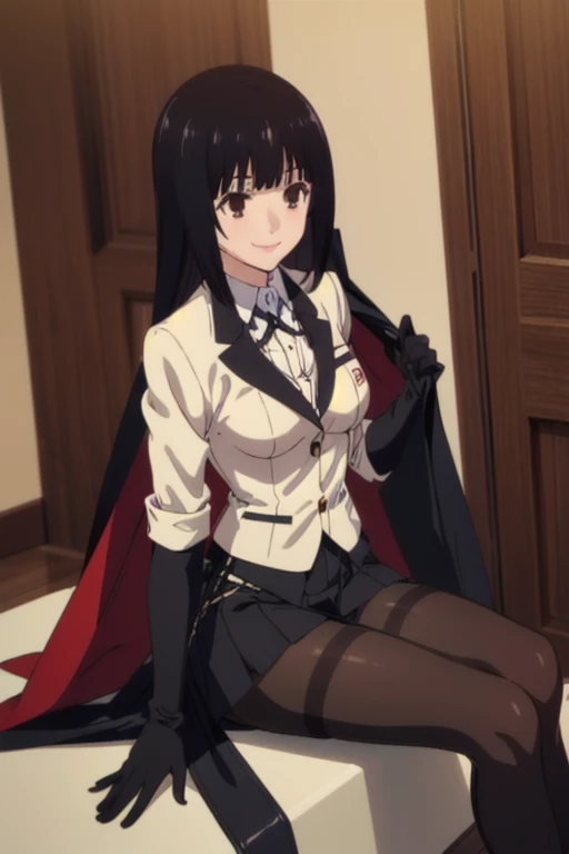 (((pixel-perfect, detail-perfect))), solo, 1girl, yumeko jabami, blazer, smile, leather red bodysuit,gloves, blazer ,white shirt,collared shirt,black ribbon,houndstooth,black pantyhose,thighband pantyhose,pleated skirt,black skirt,thumb ring, thigh heel boots, cape, cloak