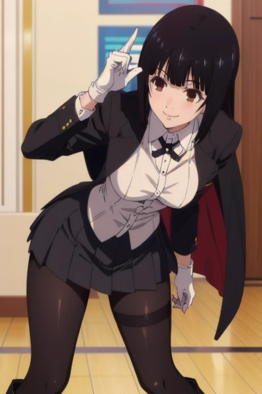 (((pixel-perfect, detail-perfect))), solo, 1girl, yumeko jabami, blazer, smile, leather red bodysuit,gloves, blazer ,white shirt,collared shirt,black ribbon,houndstooth,black pantyhose,thighband pantyhose,pleated skirt,black skirt,thumb ring, thigh heel boots, cape, cloak