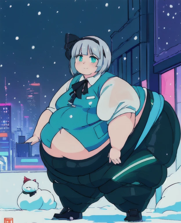 ((best quality, 4k, 8k, anime girl, masterpiece)), ((((beautiful extremely detailed face, beautiful eyes)))), glowing eyes, cinematic lighting, perfect anatomy, ((youmu konpaku)), (((chubby, SSBBW, very obese, extremely wide waist))), (((green vest, totaly fitting clothes, oversized clothes))), (full body view), ((gray/silver hair, glowing hair, black headband)), (((very wide waist))), (((fully clothed, fully concealed belly))), ((city lights, cyberpunk, neon signs, snow)), ((thick outlines, anime style, vibrant colours)), slight smile, ((low camera angle)), (((giantness))),