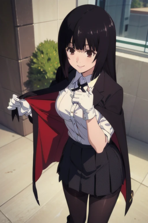 (((pixel-perfect, detail-perfect))), solo, 1girl, yumeko jabami, blazer, smile, leather red bodysuit,gloves, blazer ,white shirt,collared shirt,black ribbon,houndstooth,black pantyhose,thighband pantyhose,pleated skirt,black skirt,thumb ring, thigh heel boots, cape, cloak