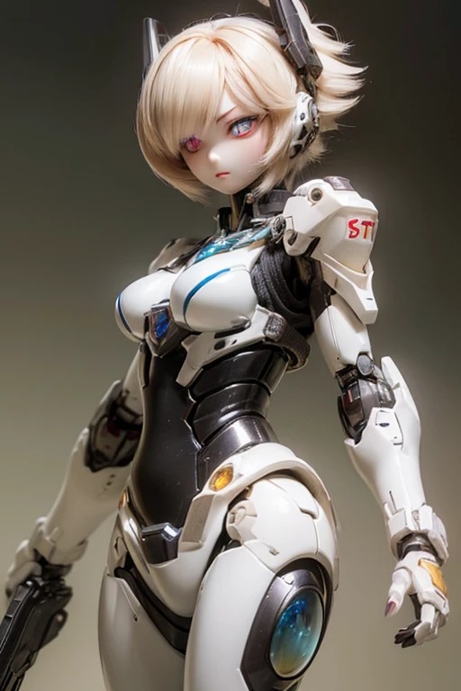 Very cute human 8 year old girl face, doll-like body with robot arm, robot waist and legs, very cute and feminine, short, , small, full hip, medium bust, tight-fitting white armor, cleavage, flat belly visible, helmet with antenna, robot joint, very stylish, Black rubber bodysuit with zipper