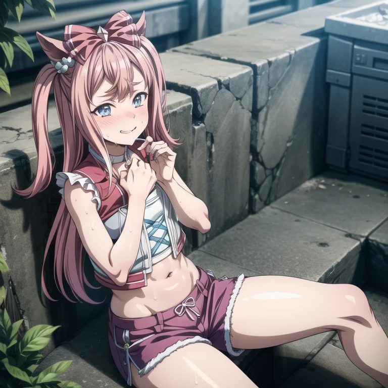 2d, masterpiece, best quality, anime, 
highly detailed face, highly detailed background, highly detailed muscle, anatomically correct,harsh color,
(1girl), (solo),sitting,look at viewer,
agnes digital \(umamusume\),big red ribbon,pink hair,long hair,half twin,pretty face,crop top,navel,short girl,sleeveless,short pants,
sweat all over,(steaming body),ab crack line,dirty girl,thick thighs,beautiful thighs,(forced smile),under view,blush,drooling,cold sweat,tareme,broad hips