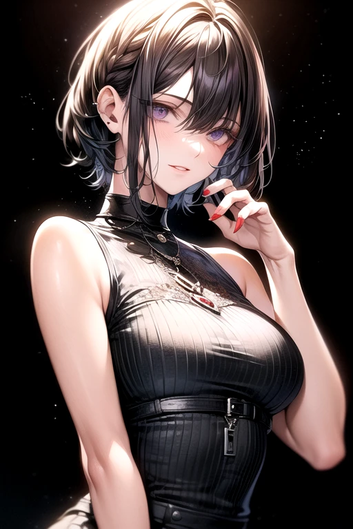 Hot girl, baddie, off shoulder, staring, glaring, shin raised up high, bad attitude, mean girl, dare, pastel back hair, dark black eyes, bob haircut , gothic, fluffy hair, fishnet