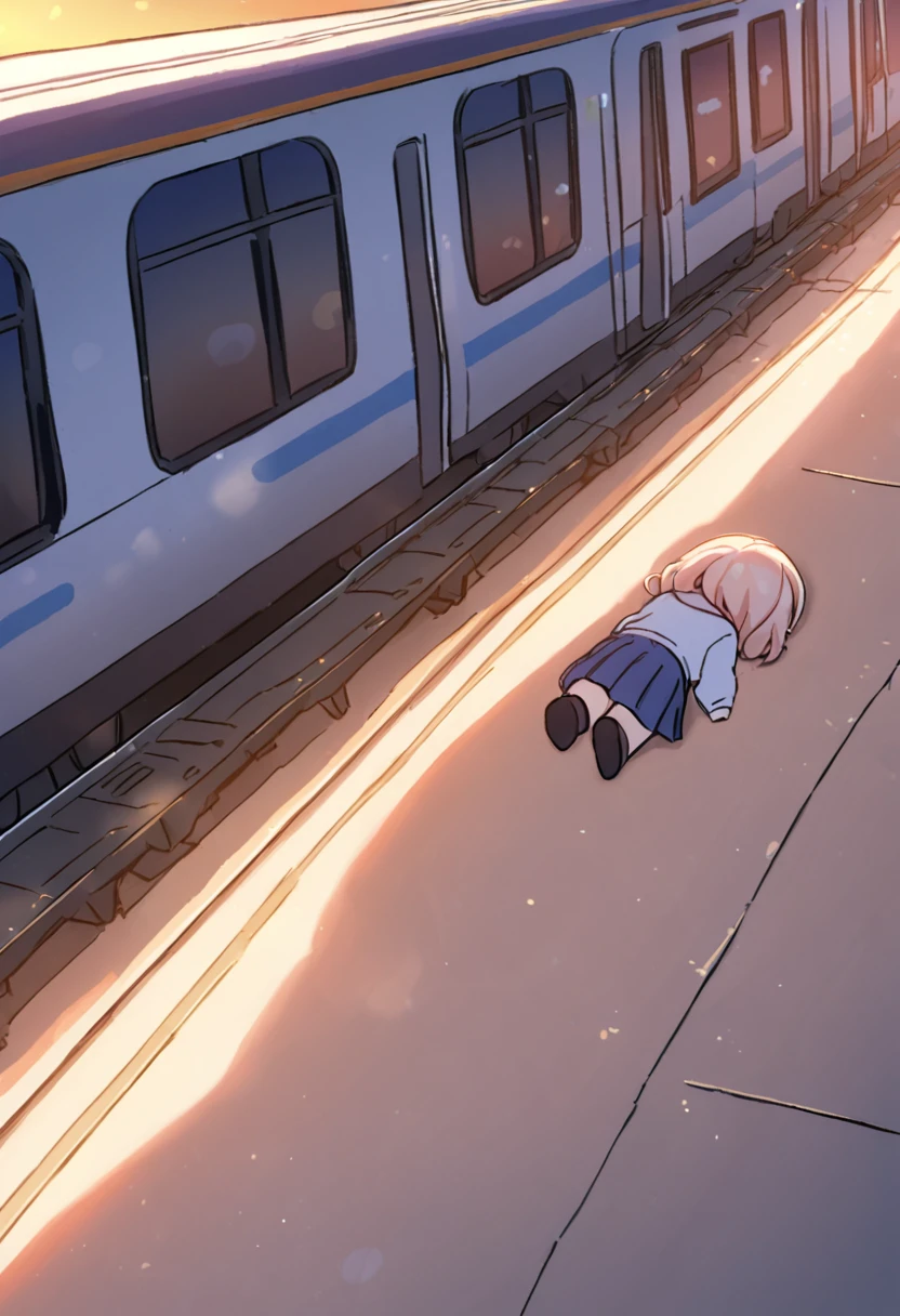 chibi, 1girl,face down, spread out, whole body, rear view,station platform, The train has started moving,speed line, school uniform, lying on the ground, sleeping, back of the head, relaxing, sunset sunlight, does it look dead? ,BREAK, people around look at her