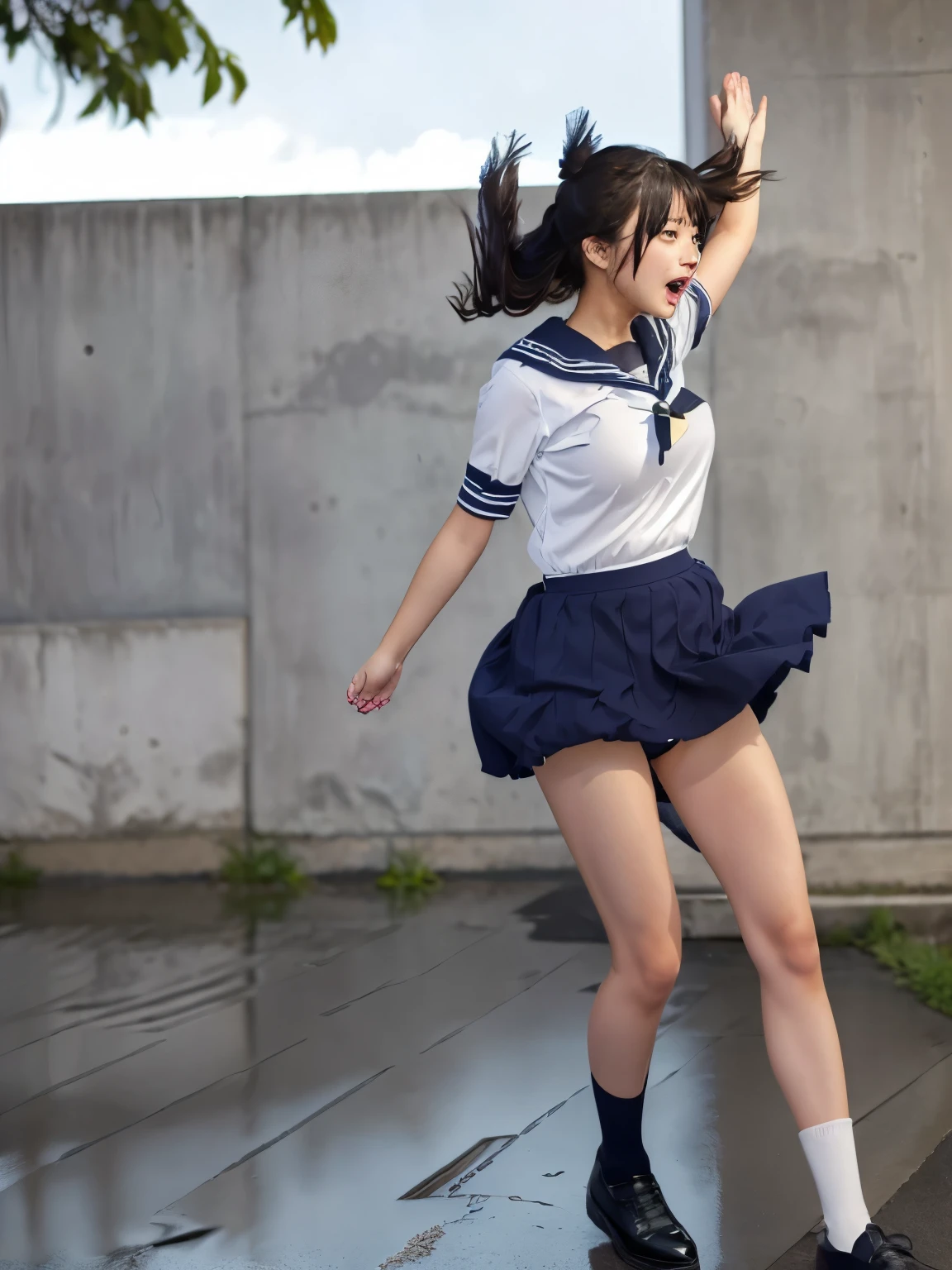 full body shot, from front, ((ground-level shot:1.5)), wide shot,High school girl,Sailor suit,smile,leaning forward, looking at viewer,clear sky,blurry background