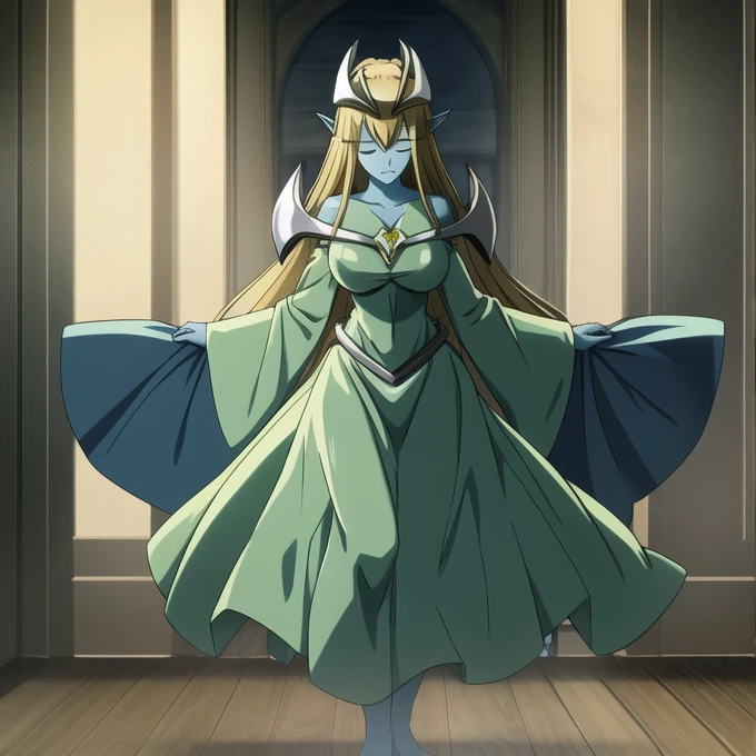 mysticalygo, mystical elf, smile, friendly look, medium breasts, eyes closed, green dress, large long skirt, covering hands, no hands, large long sleeves, blue skin, blonde hair, long hair, Yugioh, loose sleeves, room, standing, sexy pose