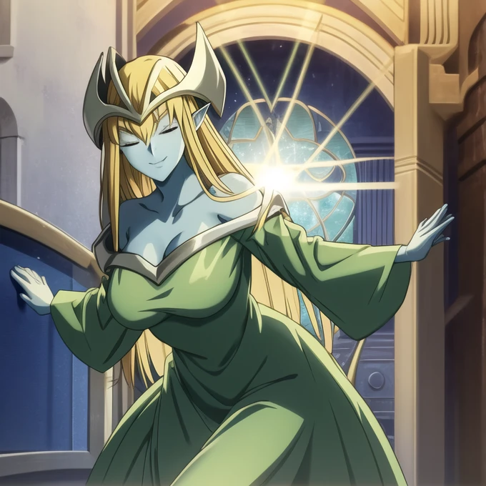 mysticalygo, mystical elf, smile, friendly look, medium breasts, eyes closed, green dress, large long skirt, covering hands, no hands, large long sleeves, blue skin, blonde hair, long hair, Yugioh, loose sleeves, room, standing, sexy pose