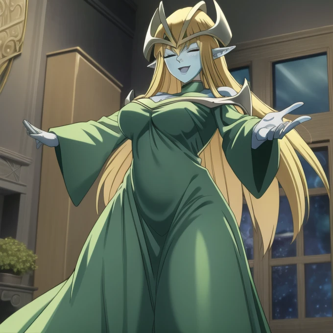 mysticalygo, mystical elf, smile, friendly look, medium breasts, eyes closed, green dress, large long skirt, large long sleeves, blue skin, blonde hair, long hair, Yugioh, loose sleeves, no hands, room, standing, sexy pose