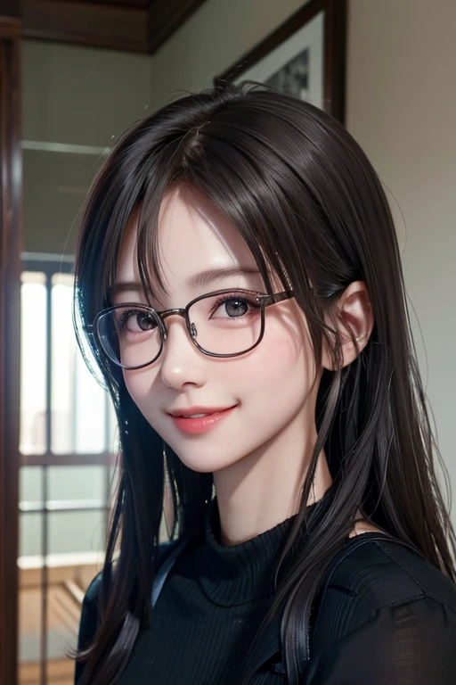 Best Quality、masterpiece、High sensitivity、High resolution、Detailed Description、Delicate facial depiction、Slender women、Glasses、Smiling face、