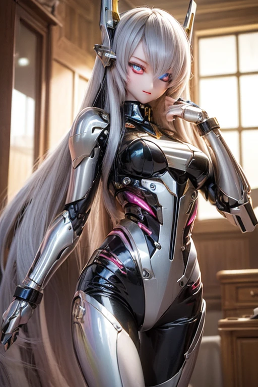 best quality, high detail, 4K, Humanity, girl, 安卓Face(Metal), steel & Titanium leather, Face(With Humanity Features), cybernetic eye(Hard circles under eyes, clear pupils), 1个girl, formal, perfect hands(5 fingers), wig(wig), big breasts, bionic armor, full length, whole body, masterpiece body,