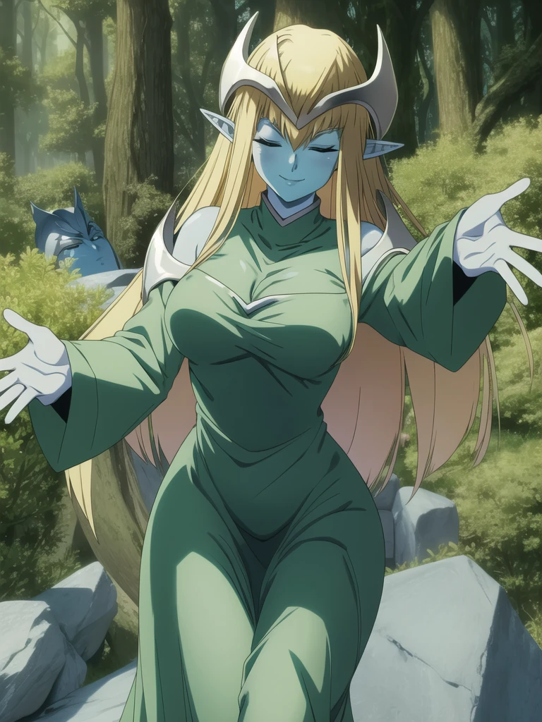 mysticalygo, mystical elf, smile, friendly look, medium breasts, eyes closed, green dress, large long skirt, large long sleeves, blue skin, blonde hair, long hair, Yugioh, loose sleeves, no hands, forest , sexy pose