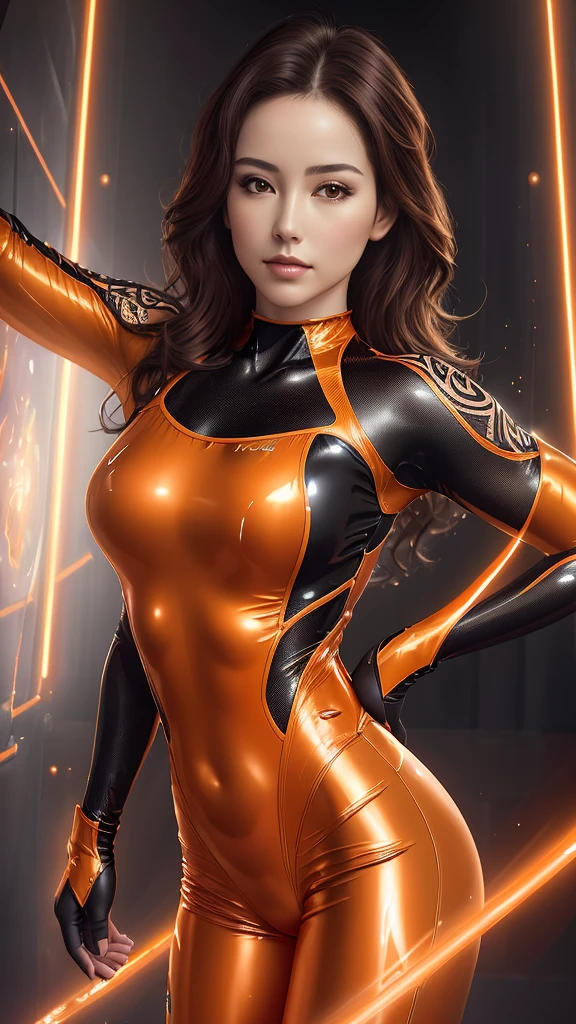 Realistic digital painting of the natural beauty in a shiny transparent orange onpiece cometition Gymnastsuit with long sleeve arms, highly detailed, dynamic and perfect composition, artistic sexy posed, artistry of Jose Royo