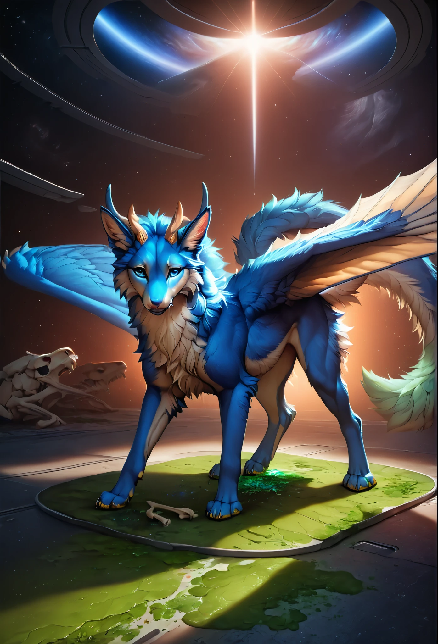 darra, female, full body,feral, furred dragon, female, white and blue fur with green blood stains on the fur, wings, horns, tail, chest fluff, paws, fangs, ton back, faded blue eyes, a quadruped creature, detailed fur, intricate textures, detailed background, space, battlefield, (((green blood stains on the fur))), (((pieces of meat around on floor))),  (((bones  around on floor))),(((puddles of green blood on floor))), dramatic lighting, muted color palette, cinematic composition, ultra-detailed, 8k, photorealistic, masterpiece