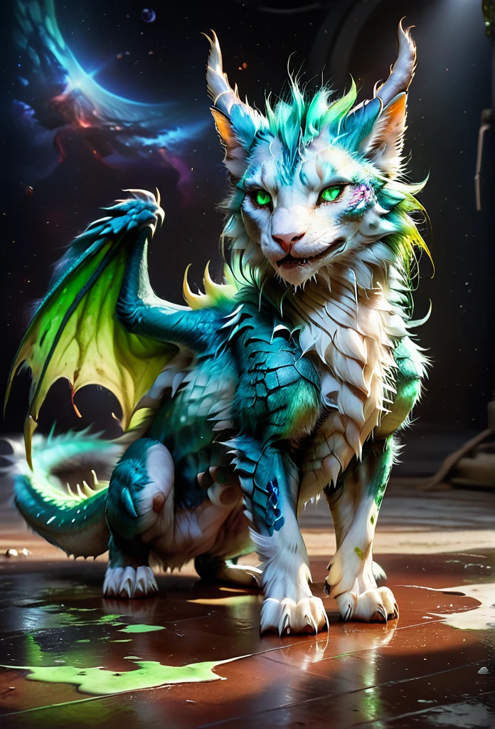 darra, female, full body,feral, furred dragon, female, white and blue fur with green blood stains on the fur, wings, horns, tail, chest fluff, paws, fangs, ton back, faded blue eyes, a quadruped creature, detailed fur, intricate textures, detailed background, space, battlefield, (((green blood stains on the fur))), (((pieces of meat around on floor))),  (((bones  around on floor))),(((puddles of green blood on floor))), dramatic lighting, muted color palette, cinematic composition, ultra-detailed, 8k, photorealistic, masterpiece