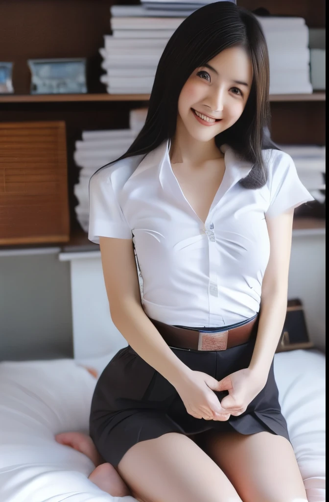 ((NSFW:1.7、realisitic))、1girl in, (Light brown medium hair), ((Female Student Uniforms)), Look at viewers, (a smile:Sticking out teeth), (( Opening legs、Open your legs、Crotch main、(Pubic hair:Full))),Large breasts,Putting out the chest