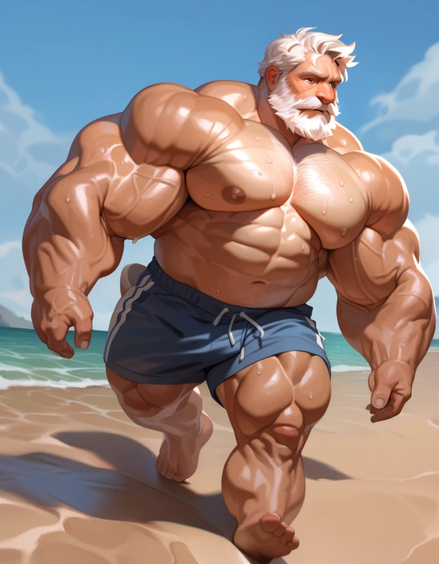 solo, 1boy, Muscular Old man, wide shoulder, pectoral, thick arms, huge pectoral, wide pectoral, walking on beach, short hair, white hair, detailed eyes, shorts, sweat, shirtless, masterpiece, semirealistic:1.2, high detailed, 8k, high resolution