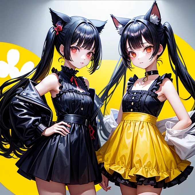 2 girls, first girl has long black hair, big green eyes, yellow sun dress reaching her thighs, she's wearing knee high brown boots, medium size breasts, cute face second girl has short black hair, she has green eye and a red eye, shes wearing a white dress with a corset, her white dress is short, shes wearing dark thigh high leggings and small black boots, shes has a cute face, small nose, small lips, big eyes, anime, manga, medium size breasts, yellow short dress, hentai only, nudity