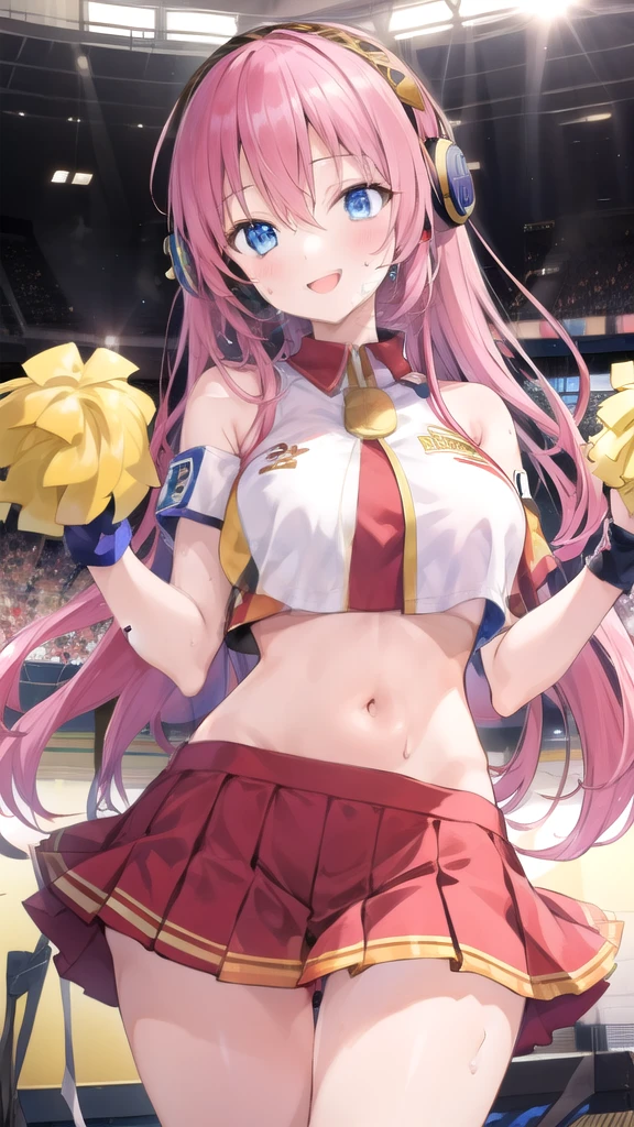 (masterpiece)),(Best Quality),Official Art,Extremely detailed CG,Unity 8K Wallpaper,ultra detailed,One girl,Alone,,Megurine Luka,Long Hair,fringe,ヘッドセットsmile,blue eyes,Hair between the eyes,Large Breasts,Pink Hair,black,Headphones,,Wrist cuff,,、Red Cheerleader、support、smile、Right eye wink、The whole body is visible、Overflowing with energy、Sports Venues、sun、Raise your right hand、sweat、Big pompom、One Girl、長いPink Hair、I can see the legs,