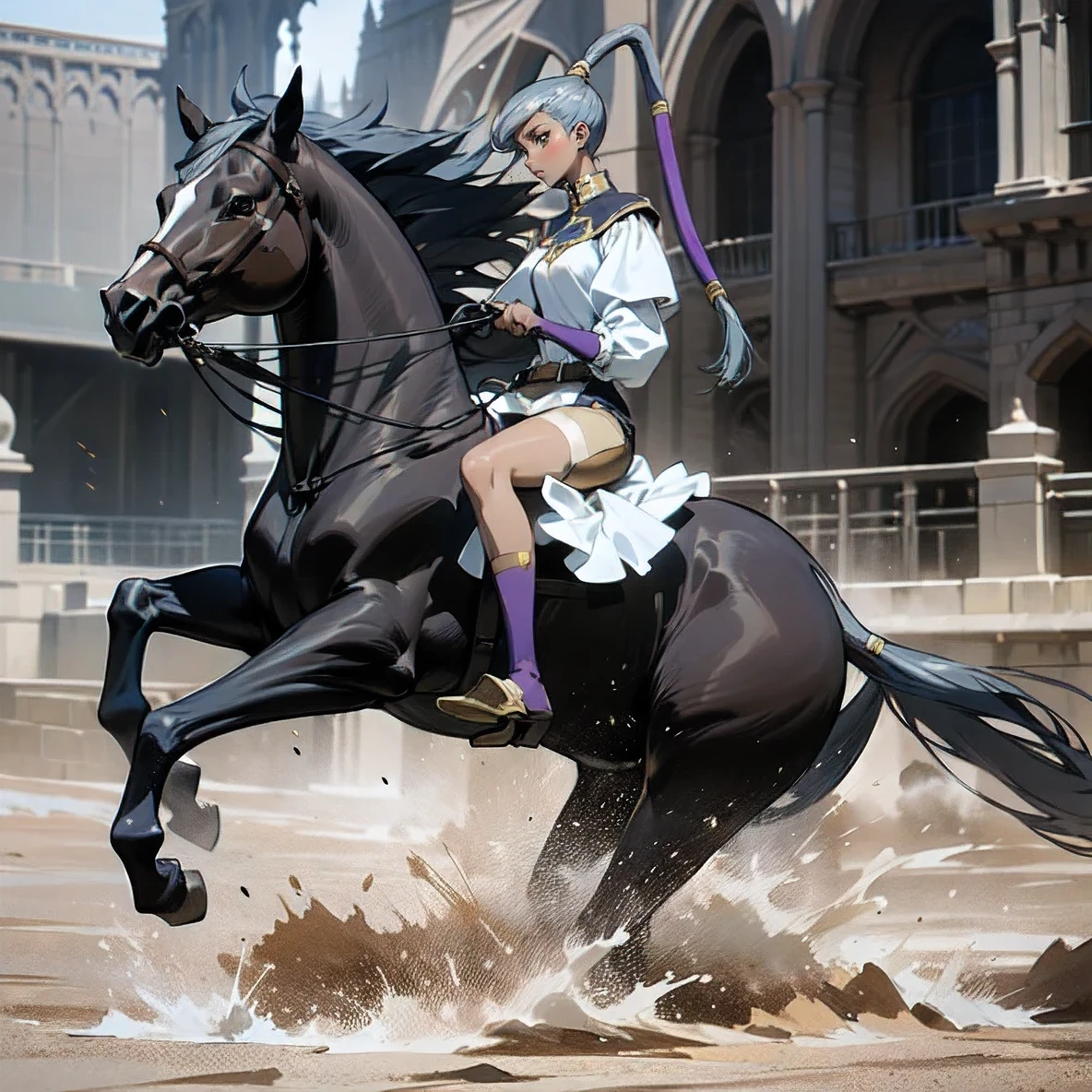 ((best quality)), ((anime masterpiece)), (high detailed), 8k, cinematic lighting, perfect face, dark skin, determined face, a young female knight riding a HORSE, (gold eyes, high long pony tail, {silver hair}, medium breast), (purple armor, silver pauldron, purple miniskirt, silver greaves), (brown horse, {black mane}, black tail, saddle, reins, bridle, stir ups), desert, dry land, solo, medieval, both hand holding rein, from side: 1.2, anatomically correct 