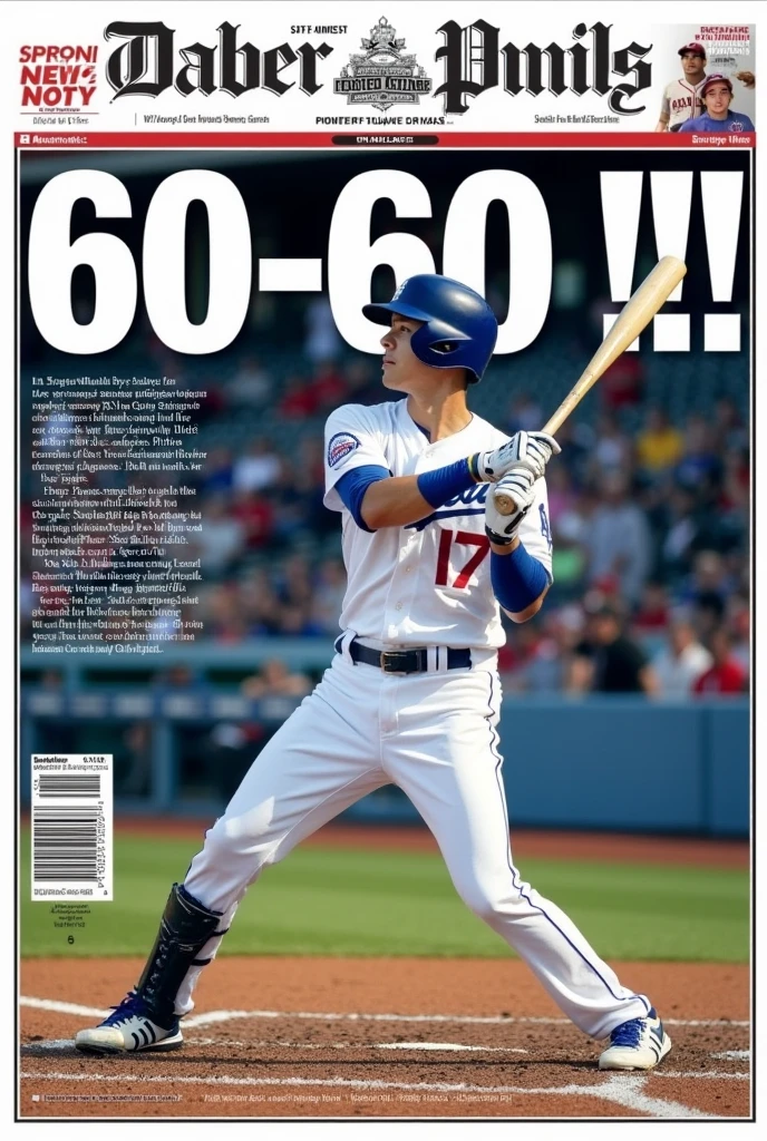 The Words "60-60 !!" in newspaper headlines, and a photo of Shohei Ohtani in Dodgers uniform with number 17 swinging his bat in the left batter's box.