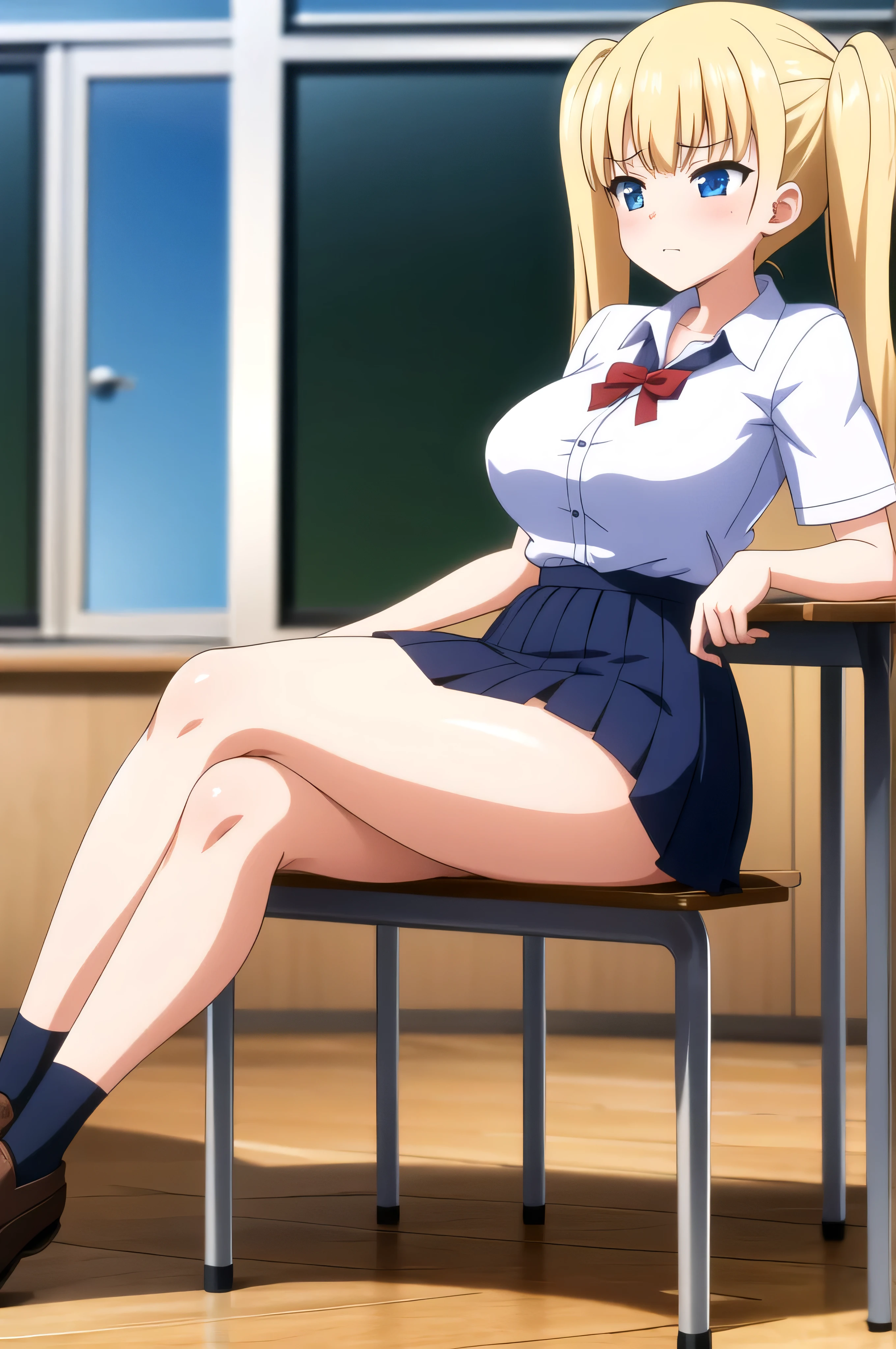 (masterpiece, Best Quality:1.2), absurdities, perfect anatomy, owtech, stylized, 1 girl, full body, blushing, shy expression, blunt bangs, Focus only, Soft lighting, (blue eyes), blonde hair, very long hair, twintails, Airi Akizuki, breast, beautiful and seductive girl, sexy body, sitting on a table in a school uniform, Juicy figure, breasts, at the school , Against the background of the classroom, schoolgirl outfit, sits down on the table