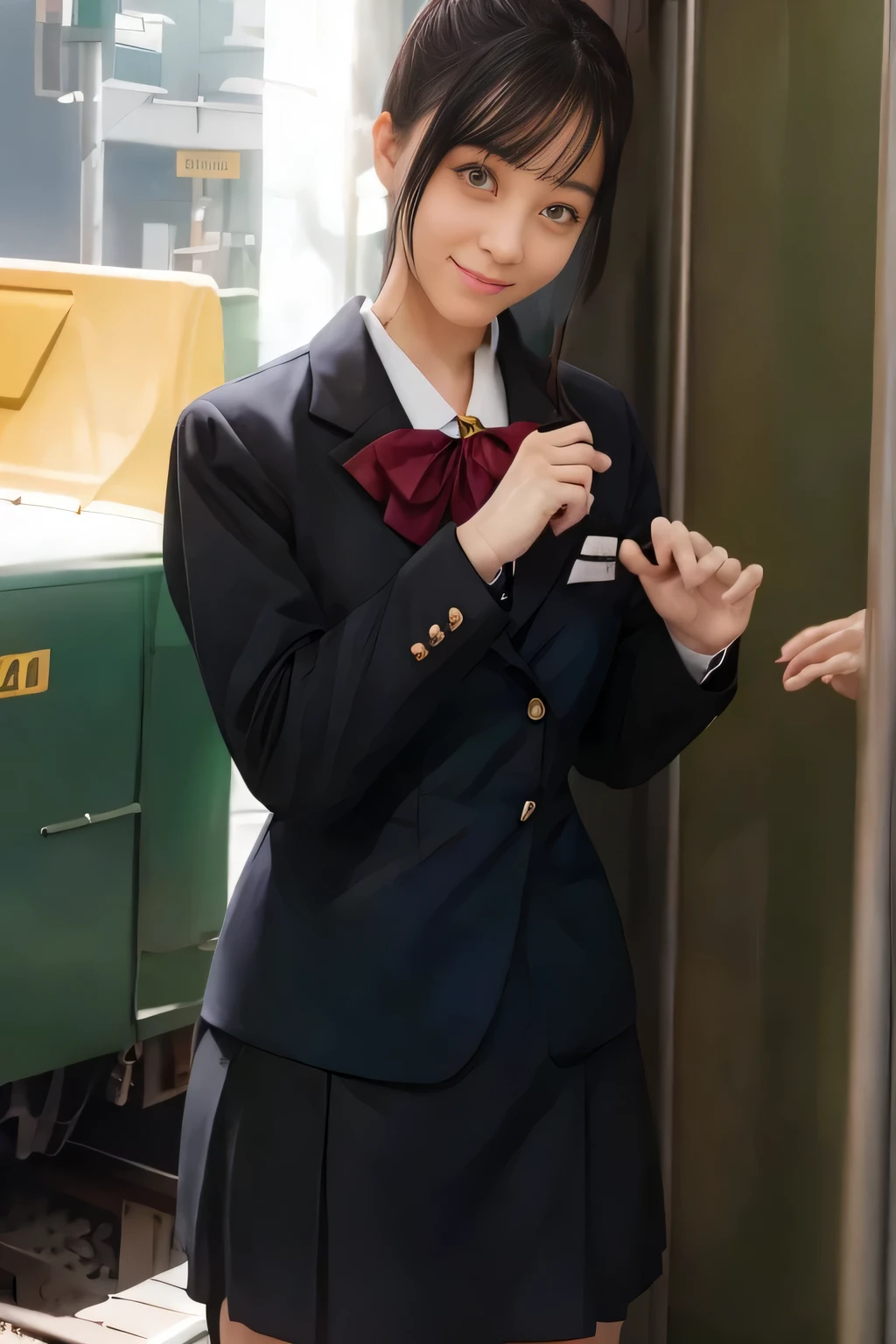 (masterpiece:1.2, Best Quality:1.2), 32K HDR, High resolution, (Alone、1 girl)、（Rooftop of a building during the day、Professional Lighting）、Building rooftop background、（JR woman train crew Uniform blackを着たリアルスタイル）、（（JR female train attendant uniform black white blouse short sleeve 、Black knee-length wrap culottes、Black jacket、scarf））、dark brown hair、（Long Hair、Hair tied up、Hair tied up）、dark brown hair、Long Shot、Big Breasts、Thin legs、（（Great hands：2.0）），（（Harmonious body proportions：1.5）），（（Normal limbs：2.0）），（（Normal finger：2.0）），（（Normal eyes：2.0））)、smile、（JR female flight attendant uniform black knee-length wrap culottes skirt beautiful posture）、Hands down