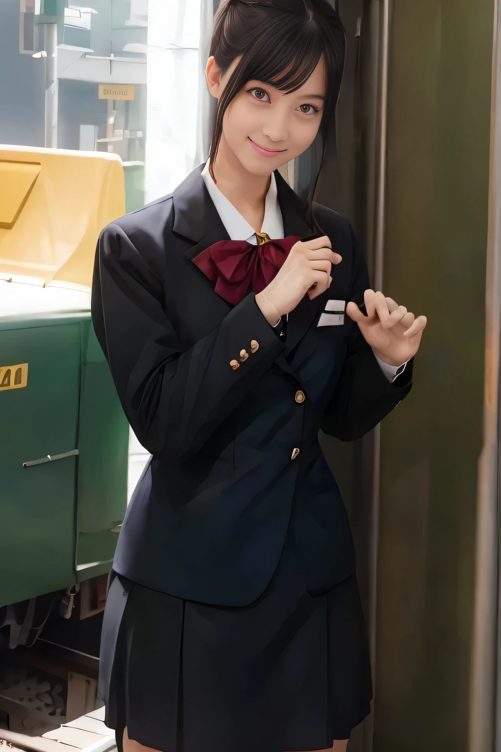 (masterpiece:1.2, Best Quality:1.2), 32K HDR, High resolution, (Alone、1 girl)、（Rooftop of a building during the day、Professional Lighting）、Building rooftop background、（JR woman train crew Uniform blackを着たリアルスタイル）、（（JR female train attendant uniform black white blouse short sleeve 、Black knee-length wrap culottes、Black jacket、scarf））、dark brown hair、（Long Hair、Hair tied up、Hair tied up）、dark brown hair、Long Shot、Big Breasts、Thin legs、（（Great hands：2.0）），（（Harmonious body proportions：1.5）），（（Normal limbs：2.0）），（（Normal finger：2.0）），（（Normal eyes：2.0））)、smile、（JR female flight attendant uniform black knee-length wrap culottes skirt beautiful posture）、Hands down