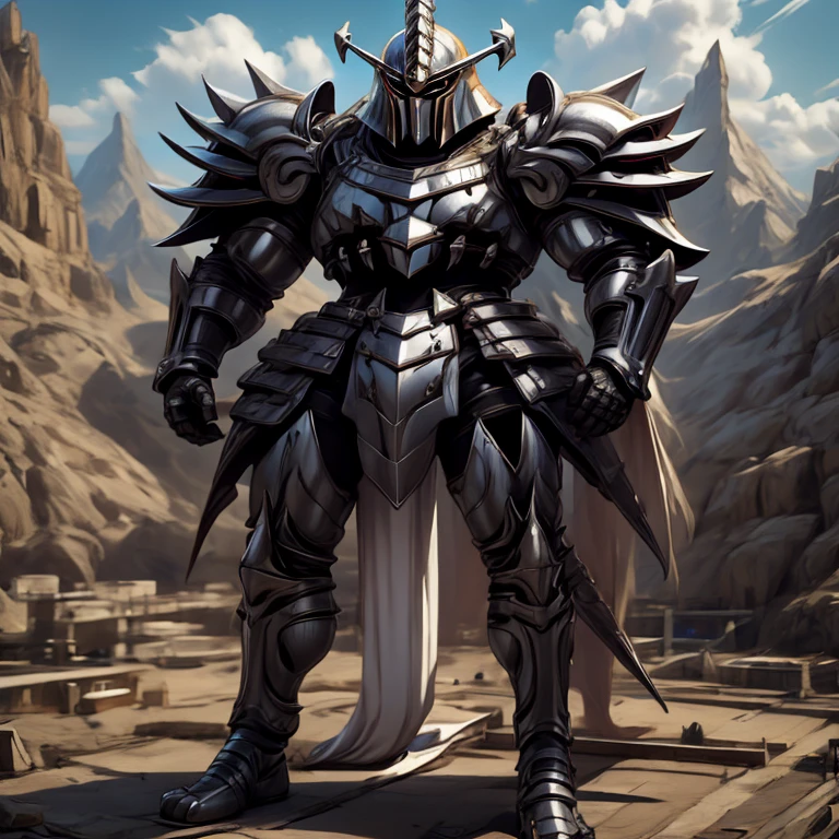 (masterpiece, best quality, 8K, SOLO, FULL BODY.), 1boy,
intricate details.
covered in full silver armor.
Hyunckel with sleek silver armor.
shining silver armor.
white cape.
full plate armor.
heavy metal armor.
no face.
standing over a tiny continent on earth. Realistic Macro Furries.