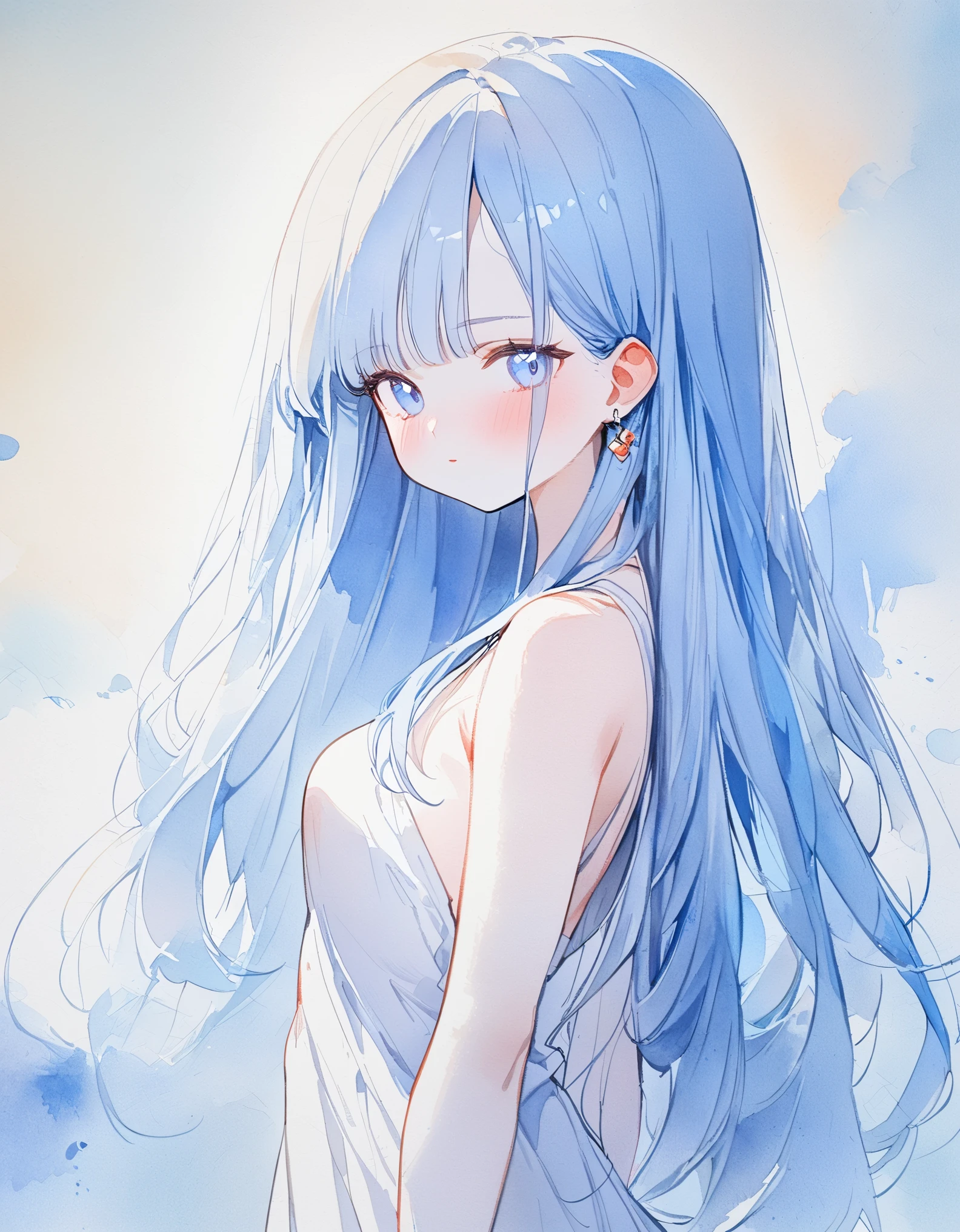 1 female, (white blue hair:1.2),long hair,(gradient hair from white to blue:0.6),albino,straight hair,from side, looking viewer,cowboy shot,white dress,白いチョーカー,earrings,medium breast, white Tone,soft lines, watercolor,masterpiece,best quality,ultra detail, beautiful face, pare skin,