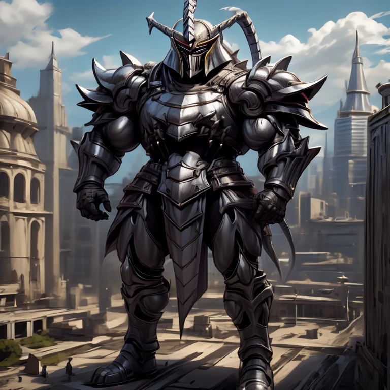 (masterpiece, best quality, 8K, SOLO, FULL BODY, 1boy,), 
(covered in full silver armor. Hyunckel with sleek silver armor. shining silver armor. white cape. full plate armor. heavy metal armor. no face.)
(dominating, macro, giant, size difference:1.5, landscape dwarfing, macro:1.3)

(Medieval city background, A giant Hyunckel is destroying the city with an angry expression. An arrogant expression. smile at the corner of your mouth.)

(thick muscles, bulky muscles, thick arms, thick thighs, huge thighs, thighs, huge legs, thick legs, smug expression. Detailed Body. Detailed abs. gigantic muscles. HYPER MUSCLES. Gigachad Muscular. big muscle. pecs. triceps. traps. unusually developed muscular body).