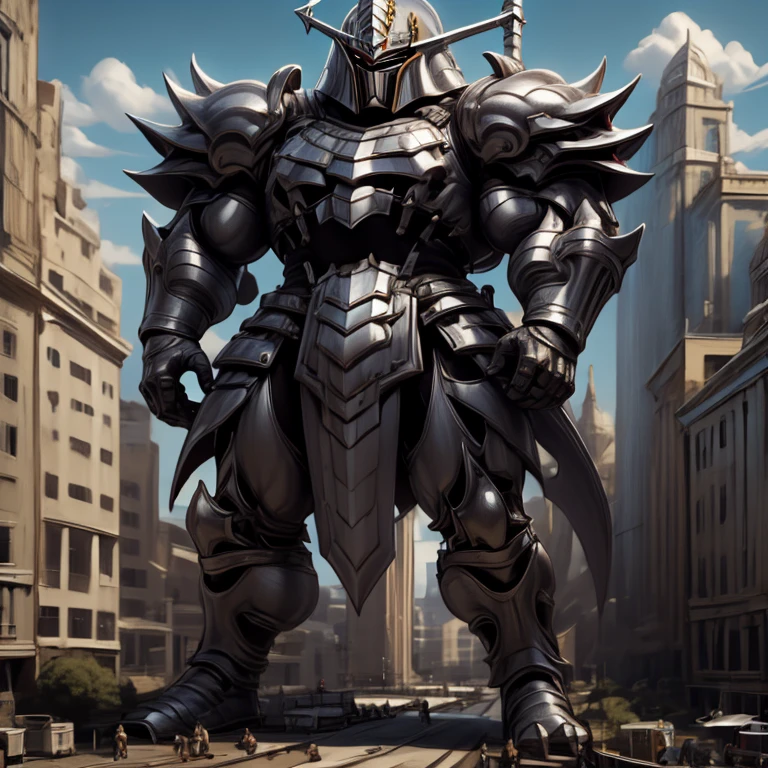 (masterpiece, best quality, 8K, SOLO, FULL BODY, 1boy,), 
(covered in full silver armor. Hyunckel with sleek silver armor. shining silver armor. white cape. full plate armor. heavy metal armor. no face.)
(dominating, macro, giant, size difference:1.5, landscape dwarfing, macro:1.3)

(Medieval city background, A giant Hyunckel is destroying the city with an angry expression. An arrogant expression. smile at the corner of your mouth.)

(thick muscles, bulky muscles, thick arms, thick thighs, huge thighs, thighs, huge legs, thick legs, smug expression. Detailed Body. Detailed abs. gigantic muscles. HYPER MUSCLES. Gigachad Muscular. big muscle. pecs. triceps. traps. unusually developed muscular body).