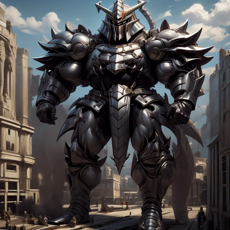 (masterpiece, best quality, 8K, SOLO, FULL BODY, 1boy,), 
(covered in full silver armor. Hyunckel with sleek silver armor. shining silver armor. white cape. full plate armor. heavy metal armor. no face.)
(dominating, macro, giant, size difference:1.5, landscape dwarfing, macro:1.3)

(Medieval city background, A giant Hyunckel is destroying the city with an angry expression. An arrogant expression. smile at the corner of your mouth.)

(thick muscles, bulky muscles, thick arms, thick thighs, huge thighs, thighs, huge legs, thick legs, smug expression. Detailed Body. Detailed abs. gigantic muscles. HYPER MUSCLES. Gigachad Muscular. big muscle. pecs. triceps. traps. unusually developed muscular body).