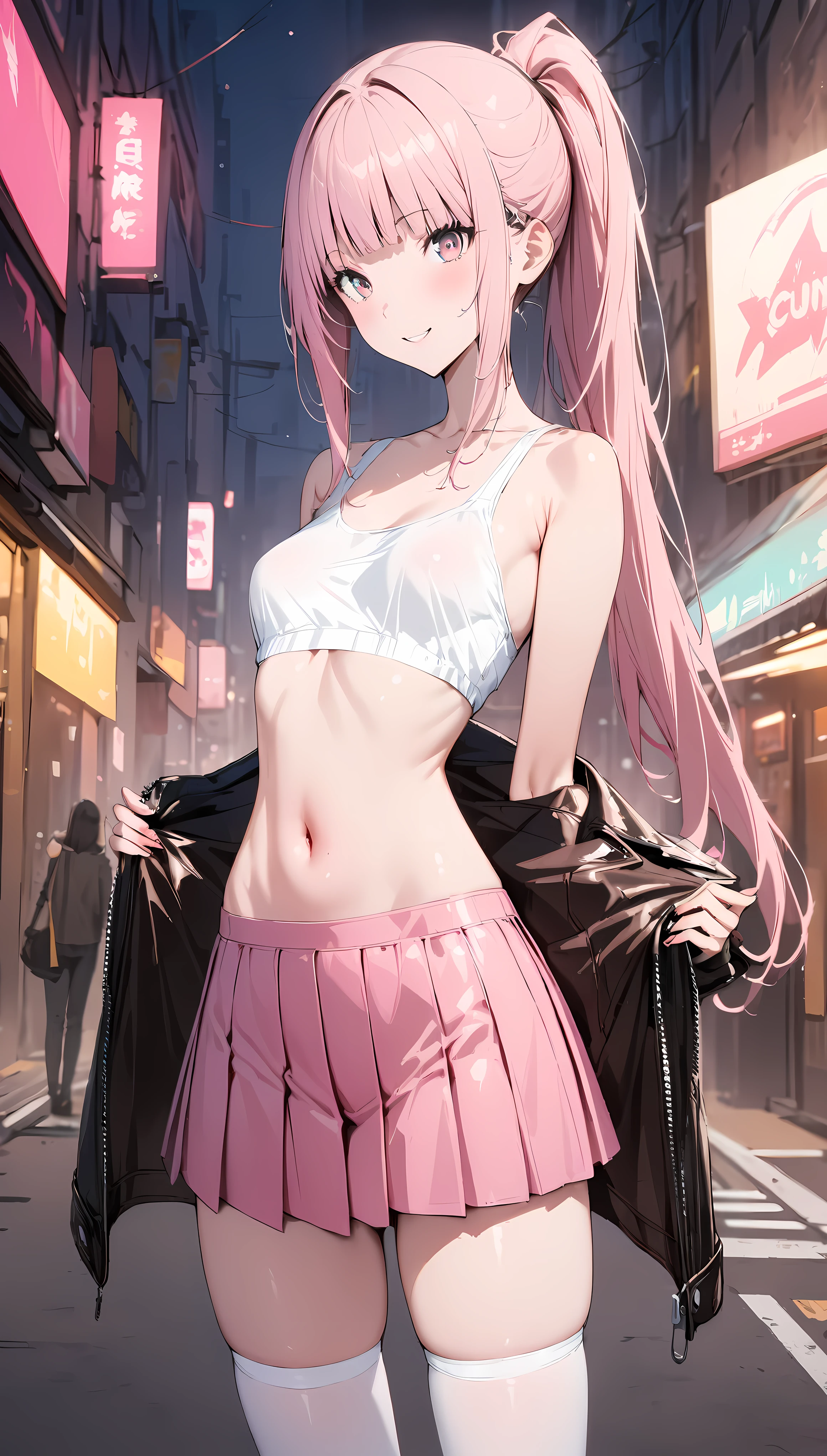 ((masterpiece,Best Quality:1.3,best quality illustrations)),cowboy shot,portrait,1woman, adult,(ponytail),straight long hair,pink hair,small head,pink eyes,smile,(gorgeous eyes),small breasts,(Leather jacket、White tank top、navel、Pleated pink mini skirt), white_thighhighs,slender body,toned body,standing,on street,neon、night、Cyberpunk World、