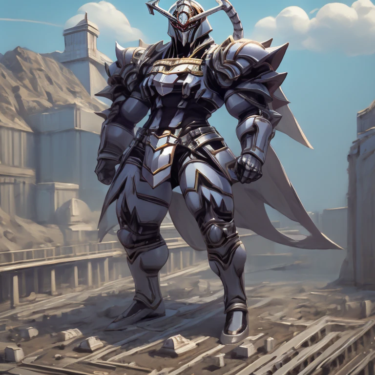 (masterpiece, best quality, 8K, SOLO, FULL BODY, 1boy,), 
(covered in full silver armor. Hyunckel with sleek silver armor. shining silver armor. white cape. full plate armor. heavy metal armor. no face.)
(dominating, macro, giant, size difference:1.5, landscape dwarfing, macro:1.3)

(Medieval city background, A giant Hyunckel is destroying the city with an angry expression. An arrogant expression. smile at the corner of your mouth.)

(thick muscles, bulky muscles, thick arms, thick thighs, huge thighs, thighs, huge legs, thick legs, smug expression. Detailed Body. Detailed abs. gigantic muscles. HYPER MUSCLES. Gigachad Muscular. big muscle. pecs. triceps. traps. unusually developed muscular body).