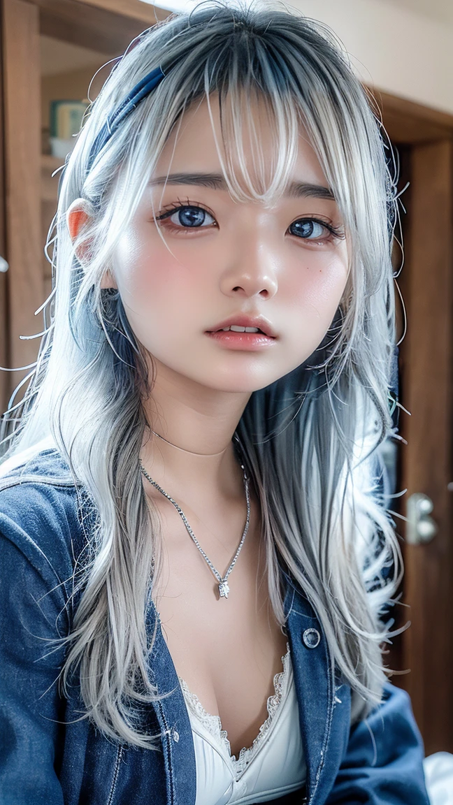 Close-up of a young Korean woman with long blue-gray hair, tenderly holding a baby in her arms. Her big blue eyes are softly focused on the , conveying an expression of care and love. Wearing a delicate dress, she radiates an ethereal beauty, with her fair skin and soft facial features. The baby, cuddled against your chest, is wrapped in a white blanket, complementing the serenity and warmth of the scene. The image captures an intimate and loving moment, highlighting the emotional connection between the two.