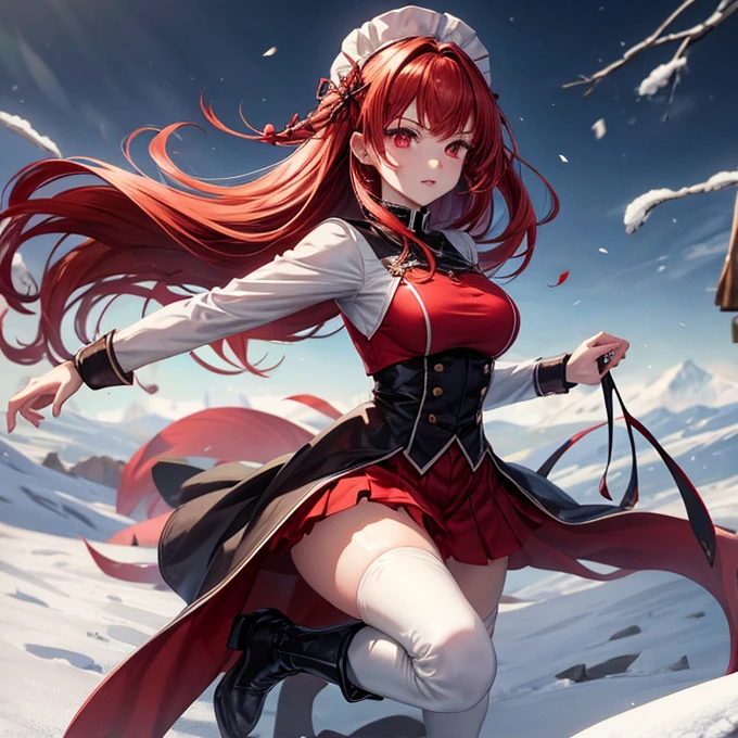"anime girl, 1 person, bright red hair, shoulder length hair, dark red eyes, Santa hat, Santa tube costume, red dress, big breasts, discreet, stockings, Christmas gift box birth, snowfall, solo, (full HD 4K+ photo)"