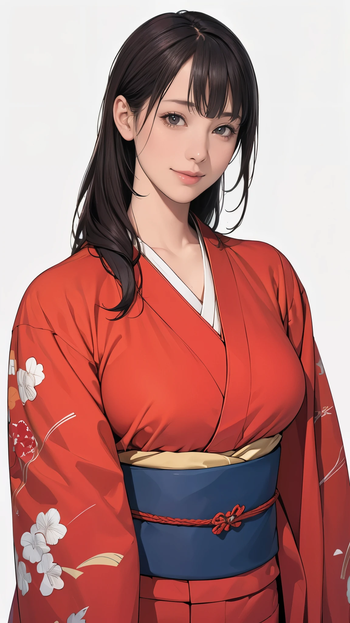 (masterpiece:1.2, Best Quality), (Realistic, photoRealistic:1.4), Beautiful illustrations, (Natural side lighting, Cinema Lighting), Written boundary depth, Beautiful thighs staring at the viewer, (Face Focus, Upper Body), 1 female,20 years old,Alone,(White Background:1.3,simple background:1.3) , thin, thin, Long black hair:1.2, Straight hair forehead, ((High-quality deep red kimono:1.3)),((A gorgeous kimono with striking embroidery:1.2)), (Very beautiful obi:1.2),Standing,beautiful face,perfect face,highly detailed beautiful face and eyes,attractive face,dynamic pause,detailed face,delicate facial features,detailed skin,shiny skin,large breasts,(A beautiful girl:1.2),((White and shiny skin)),((smile))