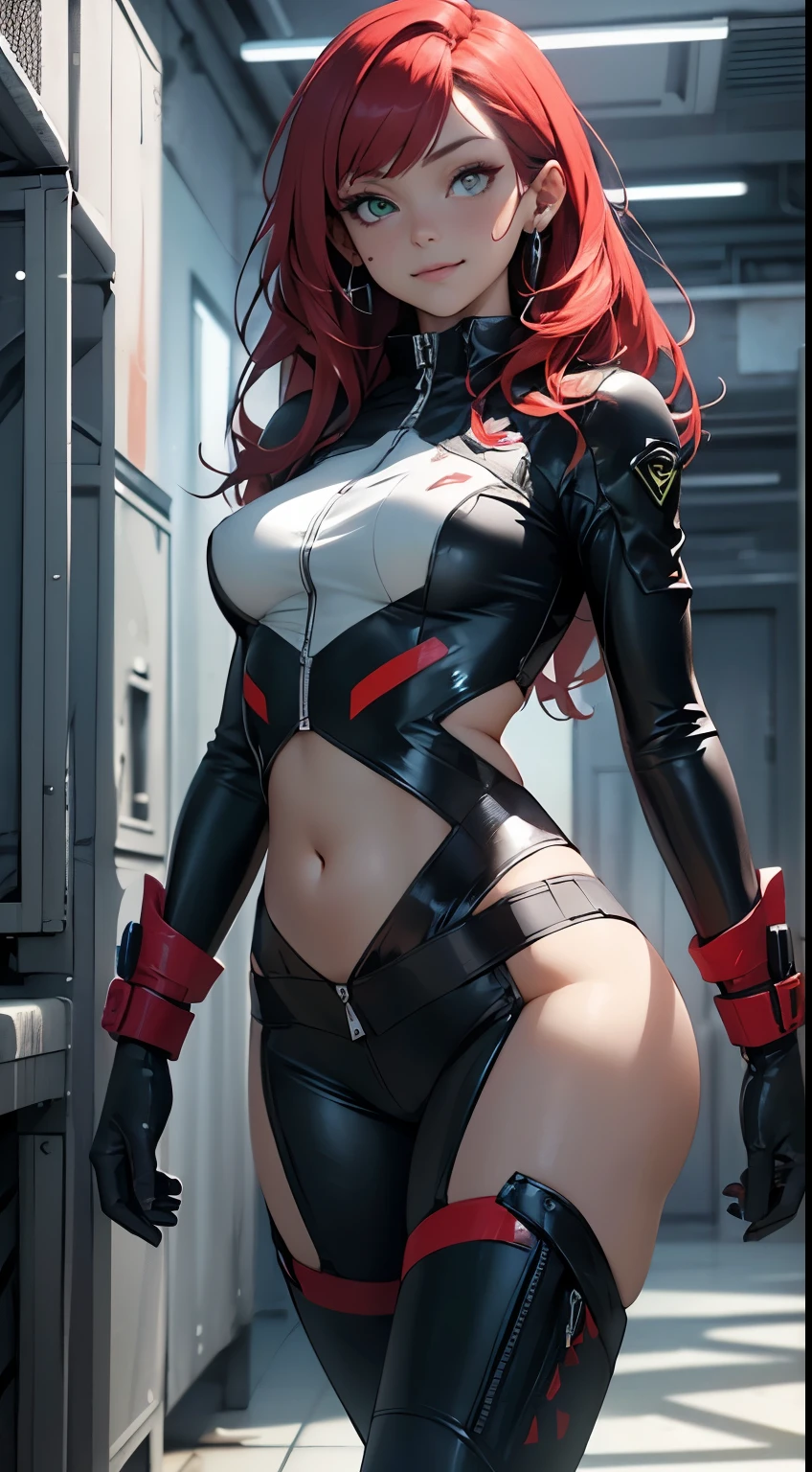 a woman with red lipstick has armor on and is holding a sword, kirijou mitsuru, 1girl, solo, hair over one eye, long hair, (((red hair))), (((red eyes))), weapon, rapier, sword, (bodysuit), black bodysuit, grey bodysuit, hand on hip, (((large breasts))), simple background, white background, (purple theme:1.2)