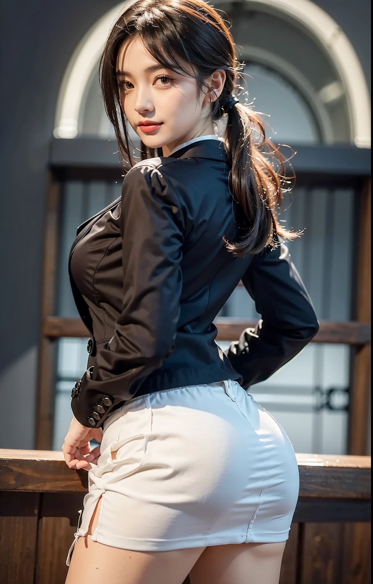 Usually detailed CG Unity 8K wallpaper，（tmasterpiece），（best qualtiy），（ultra - detailed），（Ultra photo realsisim），（best character detail：1.36），Nikon D750 f / 1.4 55mm，RAW photo，profesional lighting， physically-based renderingt, 1girll, Female soldier，(Black military uniform，(Black military uniform)，Fabric texture military uniform，Business suit)，(Underneath the coat is lined with a plain white shirt，The sweat-soaked white shirt fabric pressed against the chest，The buttons of the white shirt on the chest are fastened)，(red necktie)，((black thong))，Bare legged，Plump legs，Black hair，(military hat，Big wavy hair，Do not tie your hair)，the golden ratio,[:(com rosto detalhado:1.2):0.2]:，PureErosFace_V1，thick bushy eyebrows，broad shoulder,(gigantic cleavage breasts:1.35),(gigantic ass:1.55),(Plump thighs:1.45),(stick out buttocks:1.5),(Wide crotch:1.55),(I looked up from below:1.55)，((Grasp the buttocks with both hands，sitted，Look from your ass，close-up shot from behind，(Peach buttocks:1.2)):1.4)，Close-up Shot Shot，((Squinted and smiled，A smile full of confidence，A bright smile，Laughing heartily，Have by the sea):1.35)，((Close-up of panties，Buttocks close up，facial closeups))，Sunset sky，Gentle sunshine，sunshine on face，The light shines on the face，RAW photogr，Blue sky，setting sun，light glow，White teeth，Look back，((curvy accentuated booty，azur lane style，lit from behind))，