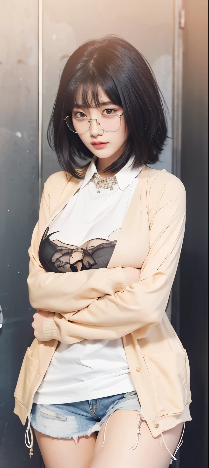 glasses,large breasts,
striped dark blue lace shirt ,frilled skirt,
night, town
nsfw,(public indecency,undress, long coat:1.2),open clothes,(presenting bra:1.2),navel,from front, (embarrassed,blush:1.3),(tears in eyes:0.8)