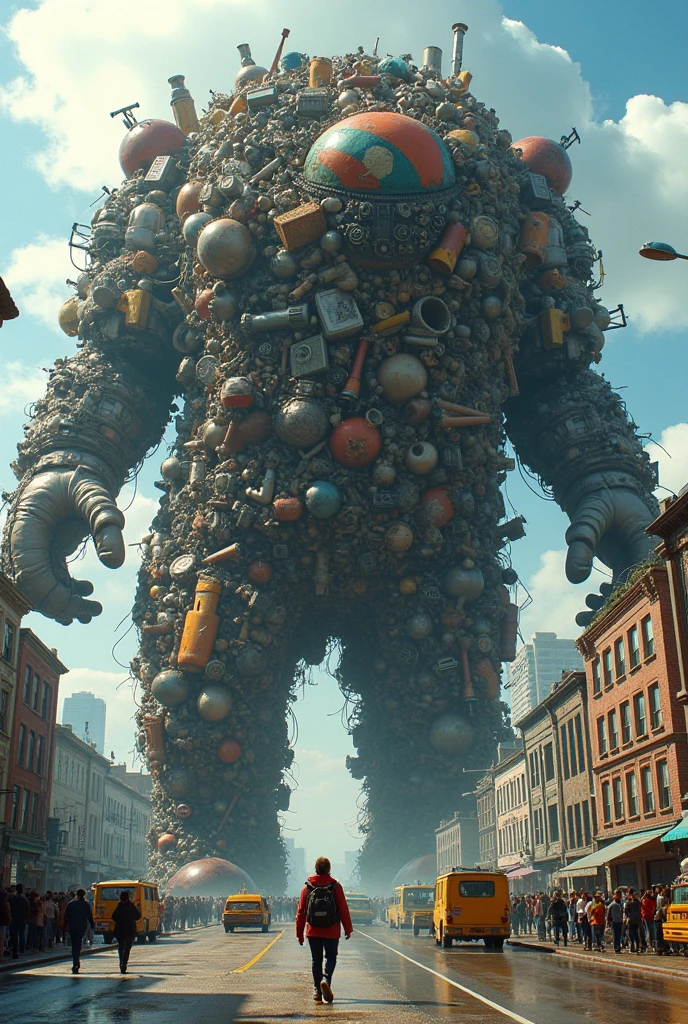 A towering creature made entirely of plastic bags, looming over a city. The plastic bags form the creature’s body, arms, and legs, with eyes made of crumpled plastic.  