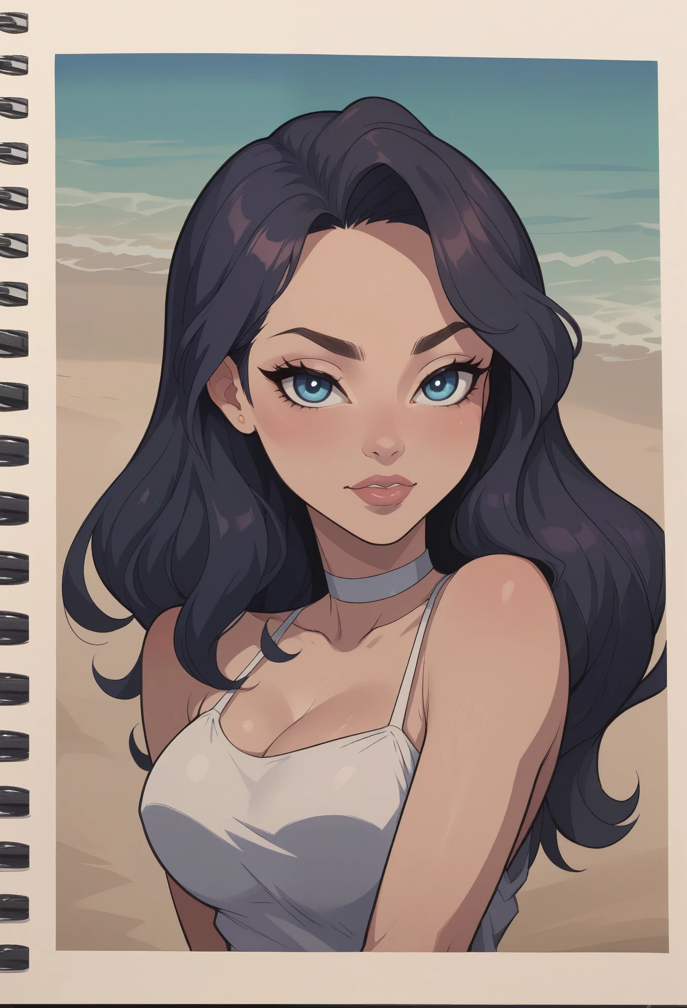 Mavis Dracula. solo. Blue eyes. black hair. choker. swimsuit. grave. blood. beach (best quality, photorealistic, 1girl, solo, looking at viewer, , depth of field, (watercolor illustration, soft pastel colors:1.1), realistic,)
